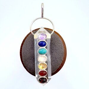 Multi-Gemstone Crystal Pendant VTG Sterling Silver 925 Size 2.75" Length